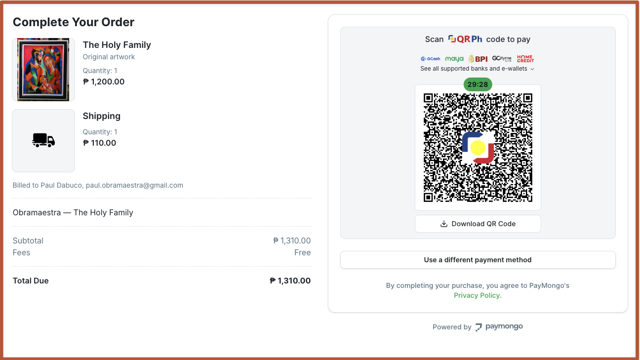 Screenshot of the Obramaestra checkout page showing GCash, Maya, and bank transfer as payment options for buying art online in the Philippines