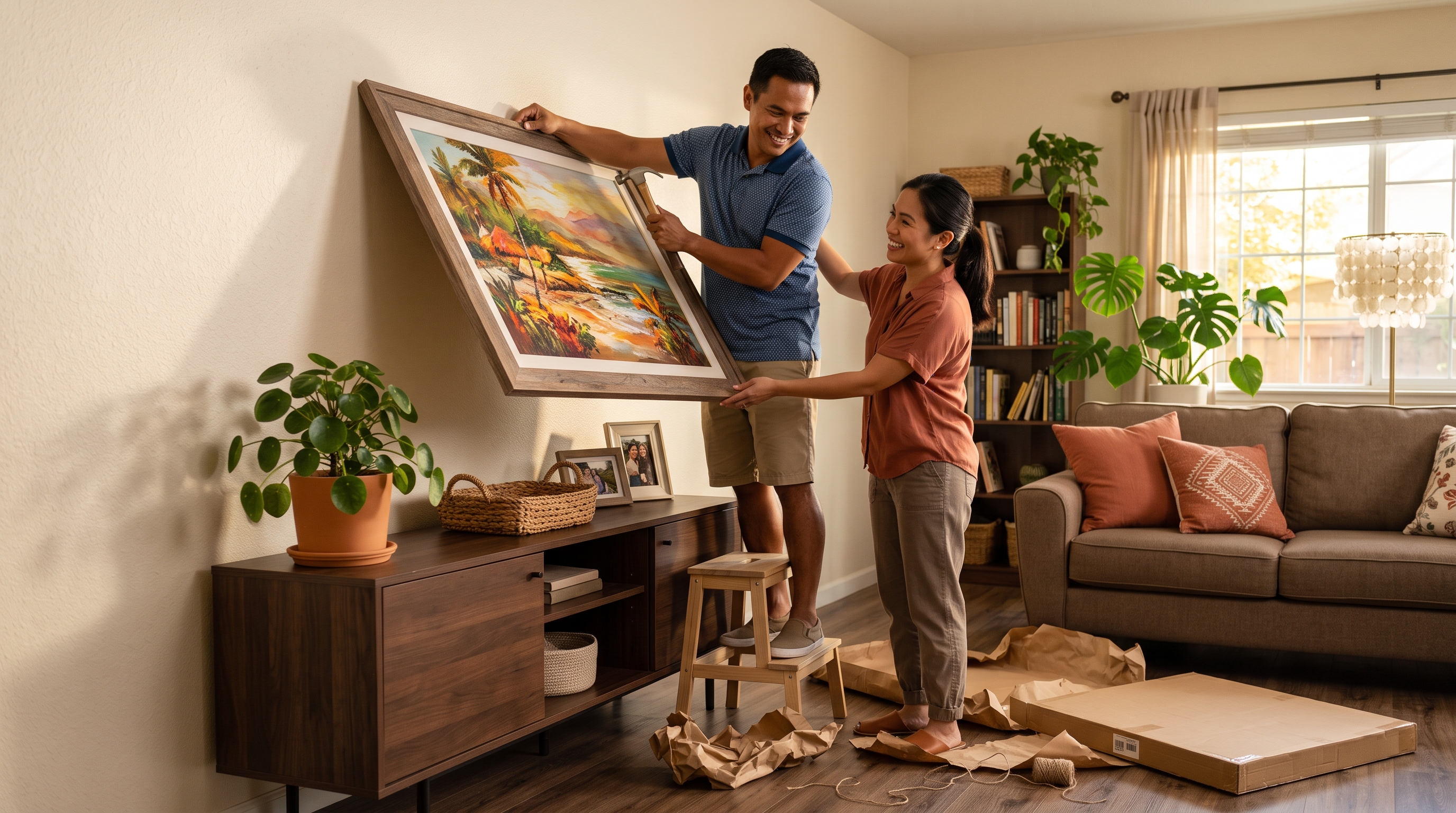 Filipino couple hanging a newly purchased original painting on their living room wall at home