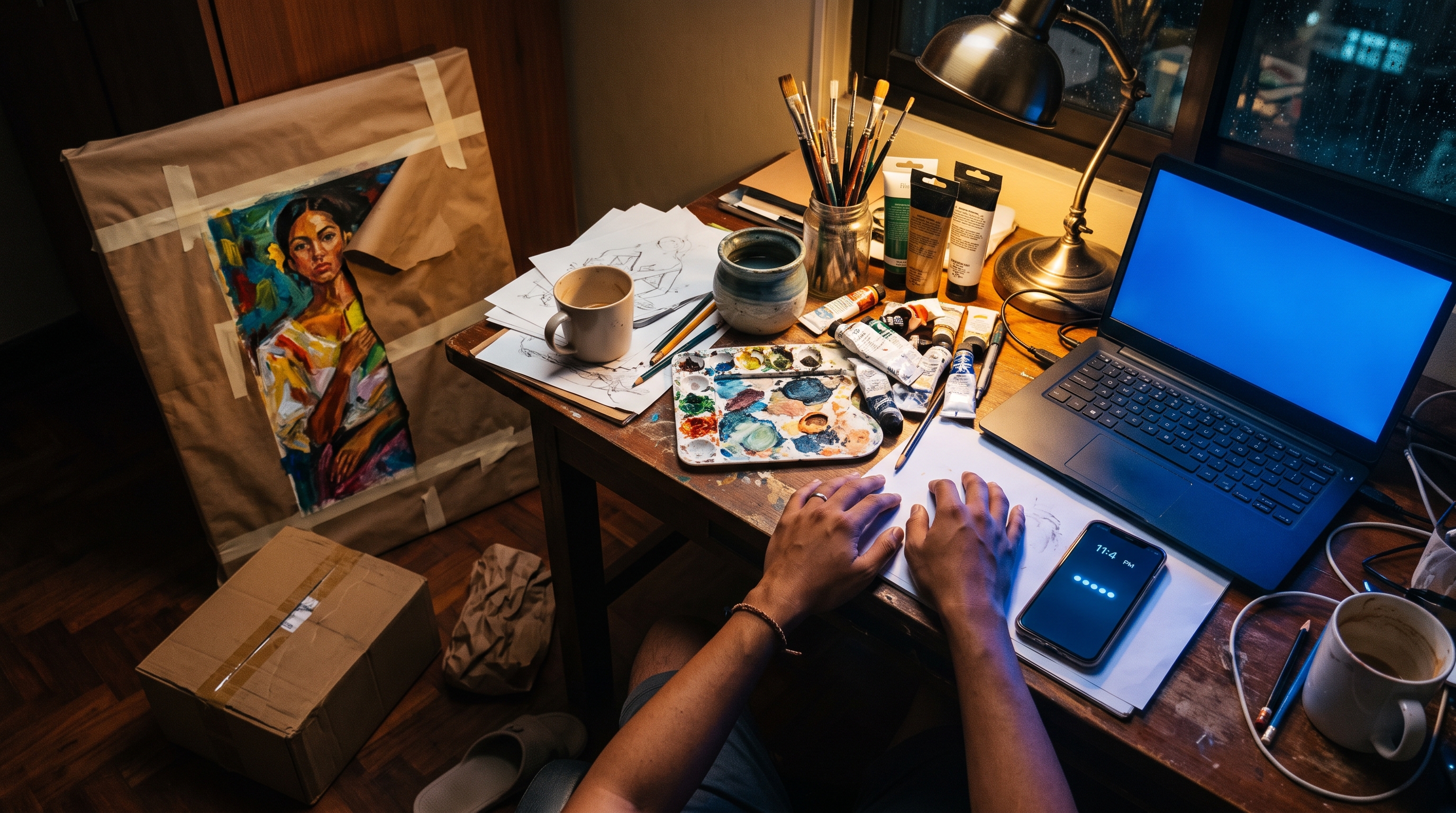 Cluttered home desk at night with a laptop, phone, and half-wrapped canvas, representing the workload of selling art independently on social media