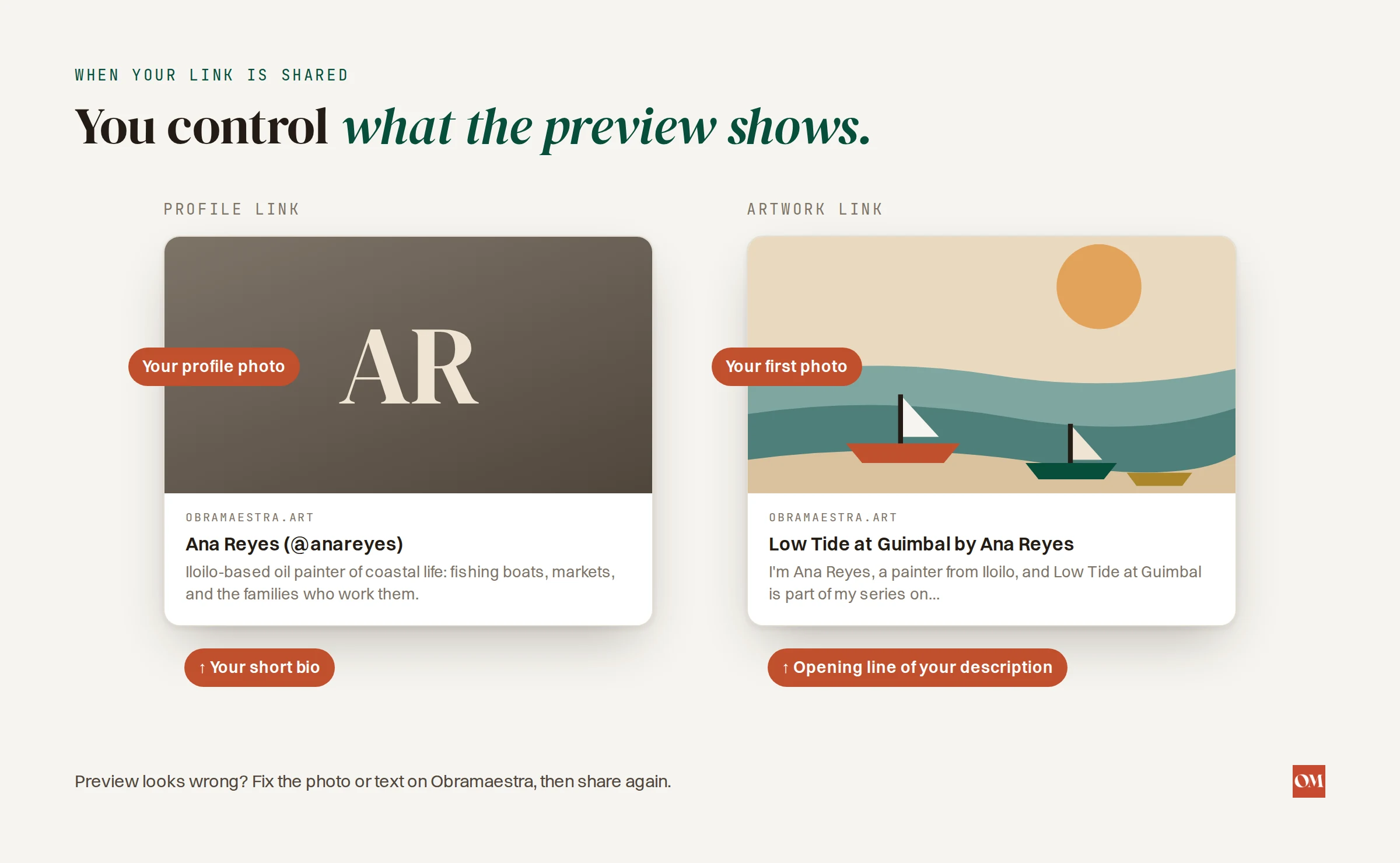 How shared Obramaestra links preview: a profile link shows your photo and short bio, an artwork link shows the first photo and the opening line of the description