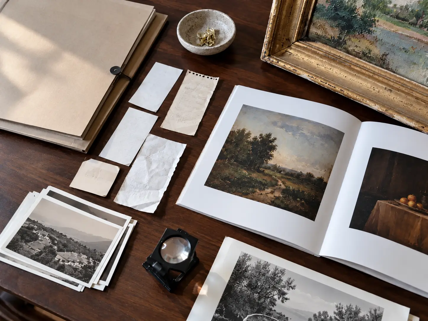 A desk with sale receipts, an exhibition catalog, and printed photographs laid out beside a framed painting