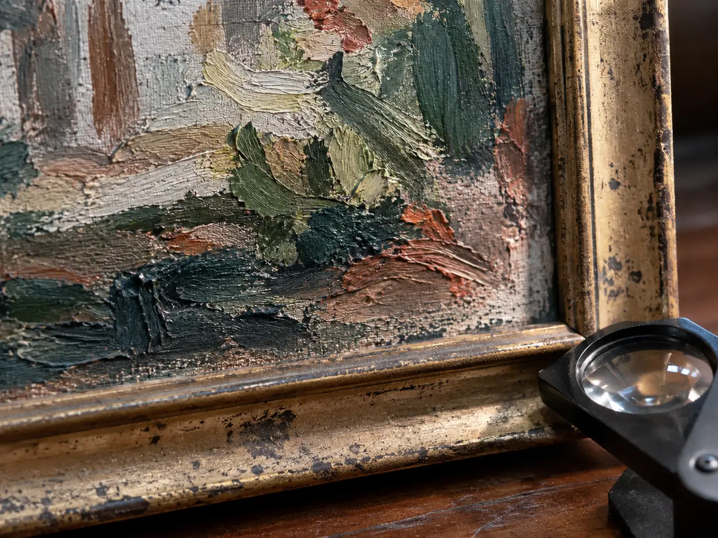A raking-light close-up of a painted signature on the lower corner of a canvas