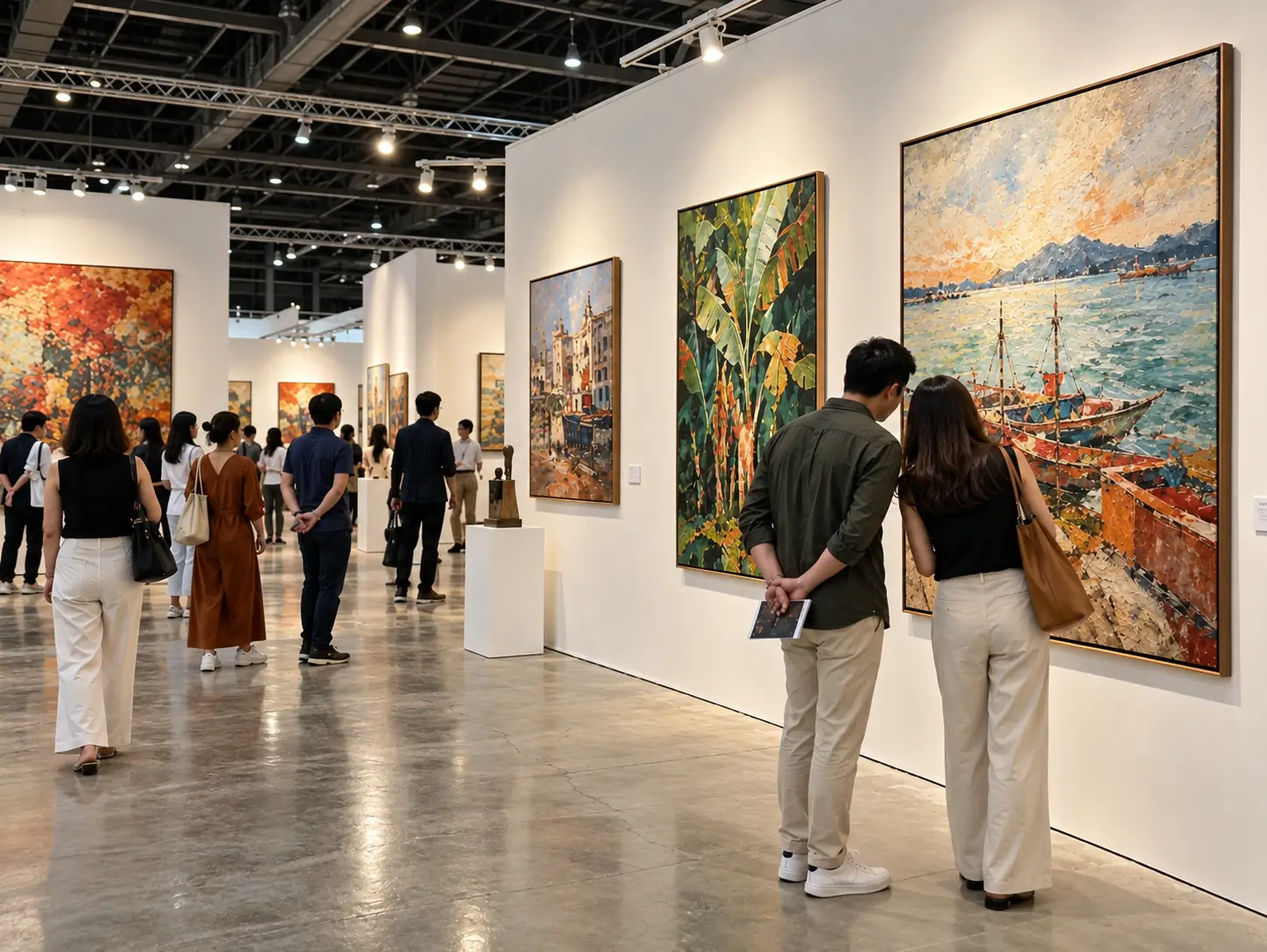 Visitors viewing framed Filipino paintings at an art fair in a bright exhibition hall