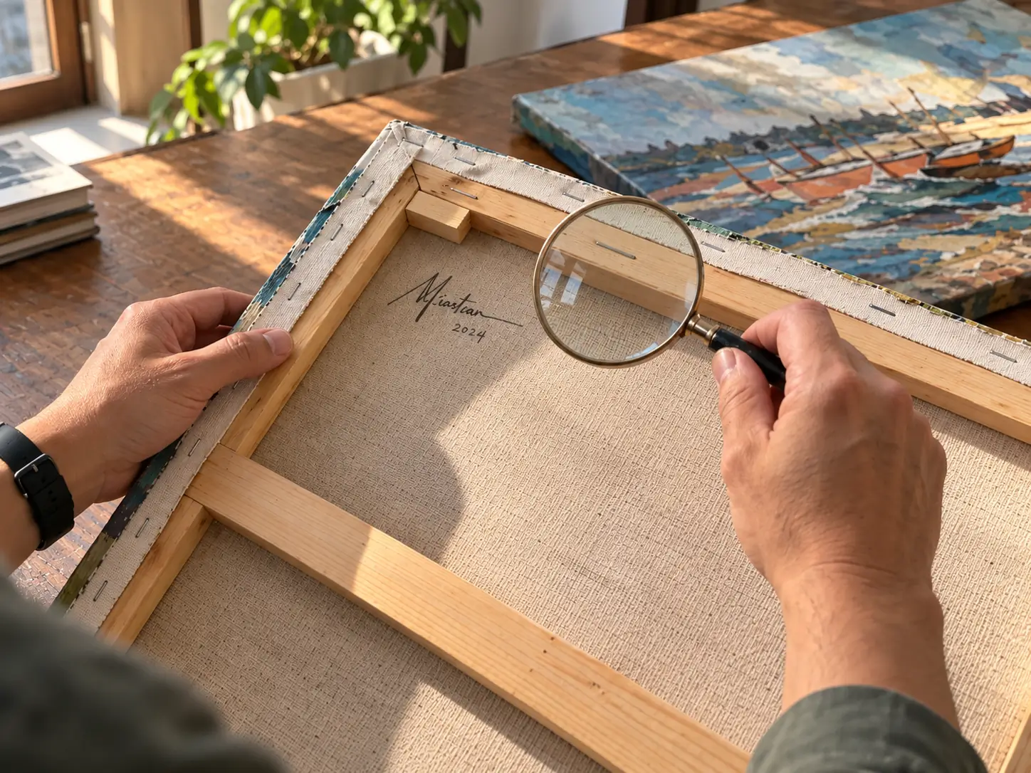Hands examining the back of a canvas painting with a magnifier to check the stretcher and signature