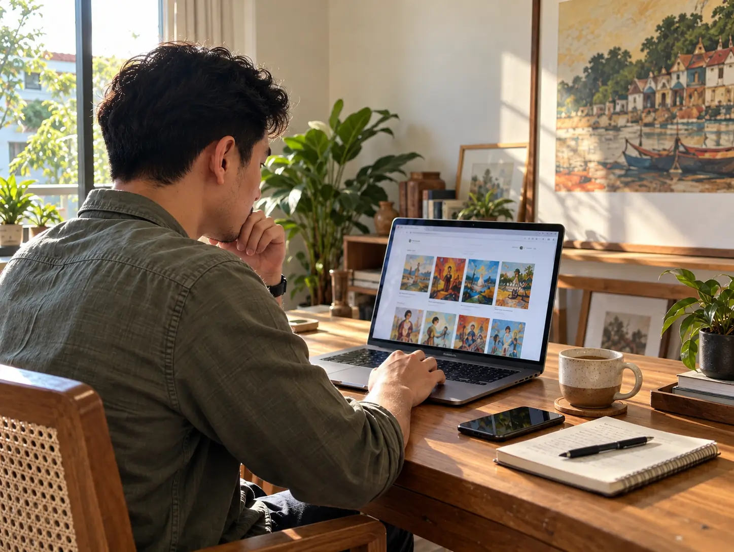 Collector comparing Filipino paintings on a laptop at a desk, researching where to buy Filipino art online