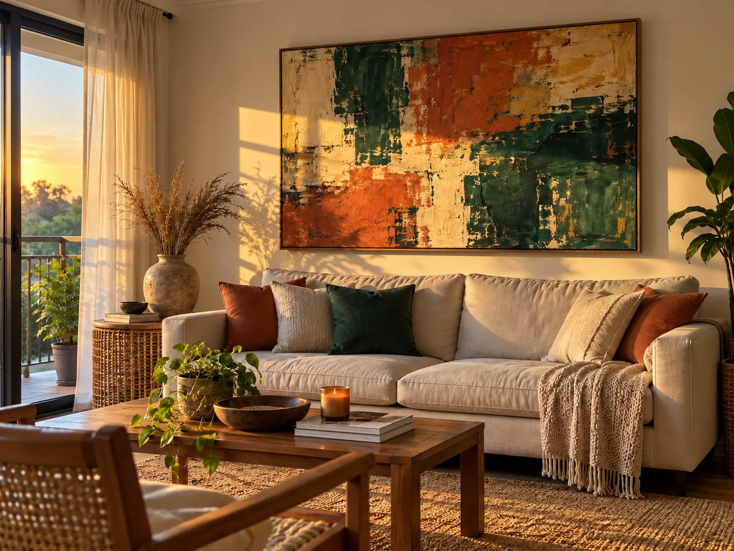 Original Filipino painting hanging above a sofa in a warm living room