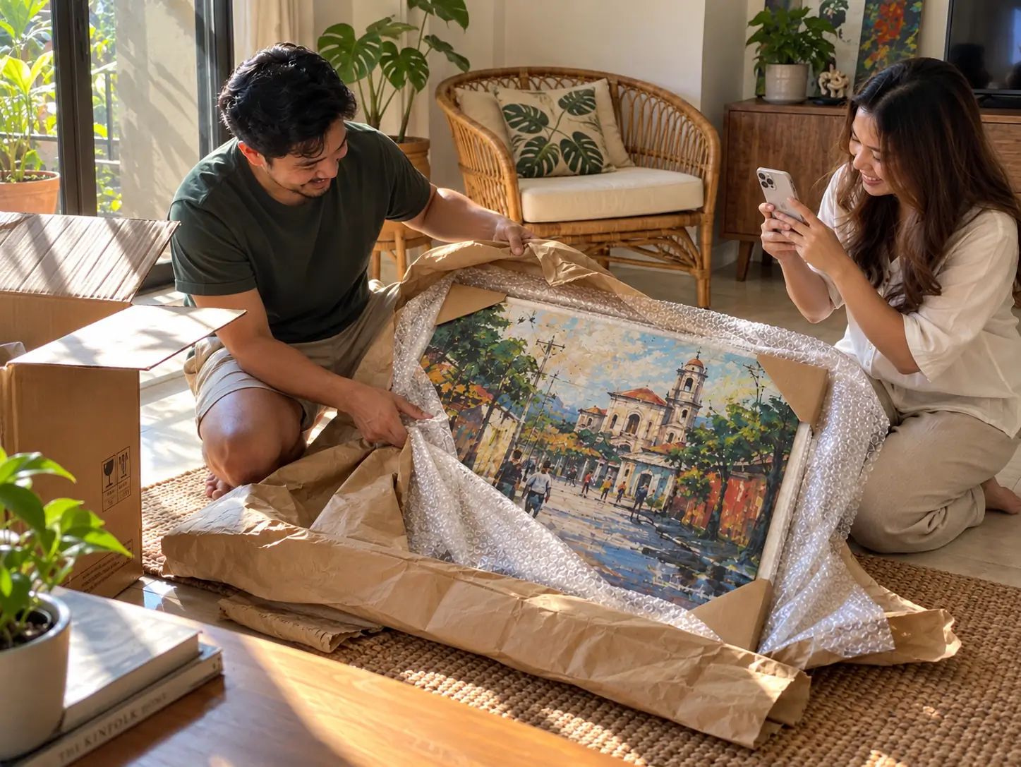 Filipino couple unboxing a carefully wrapped original painting delivered to their home